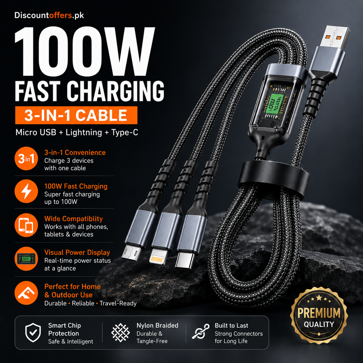 3 in 1 Multiple Interfaces 100W USB Charging Cable with Intelligent Support and Visual Power For Home and Outdoor Use