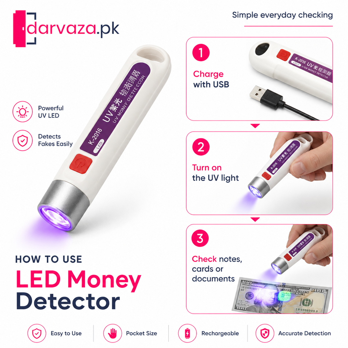 Rechargeable UV Money Detector Light – Fake Note Checker