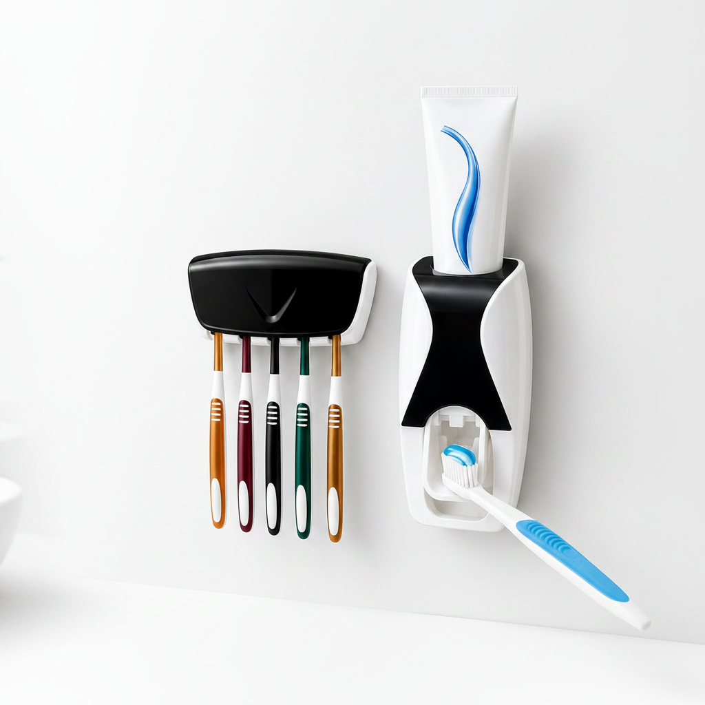 Automatic Toothpaste Dispenser Squeezer Hands Free Set and 5 Toothbrush Holder