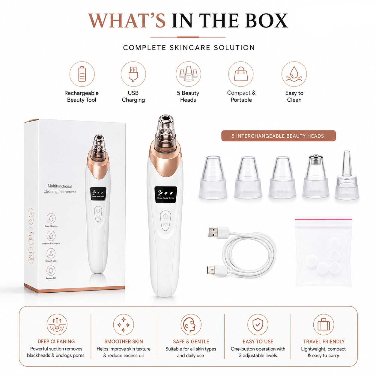 5in1 Rechargeable Blackhead Remover and Vacuum Suction Acne Pore Cleaner