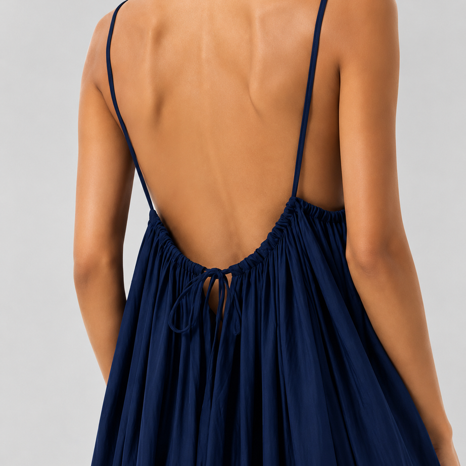 Navy Blue Backless Cami Gathered Maxi Dress with Back Flow