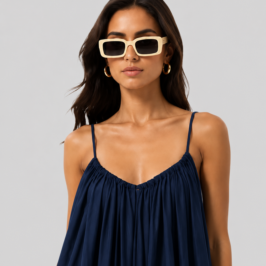 Navy Blue Backless Cami Gathered Maxi Dress with Back Flow