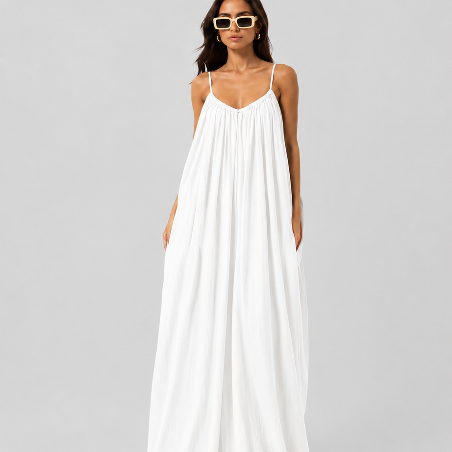 Pearl White Backless Cami Gathered Maxi Dress with Back Flow