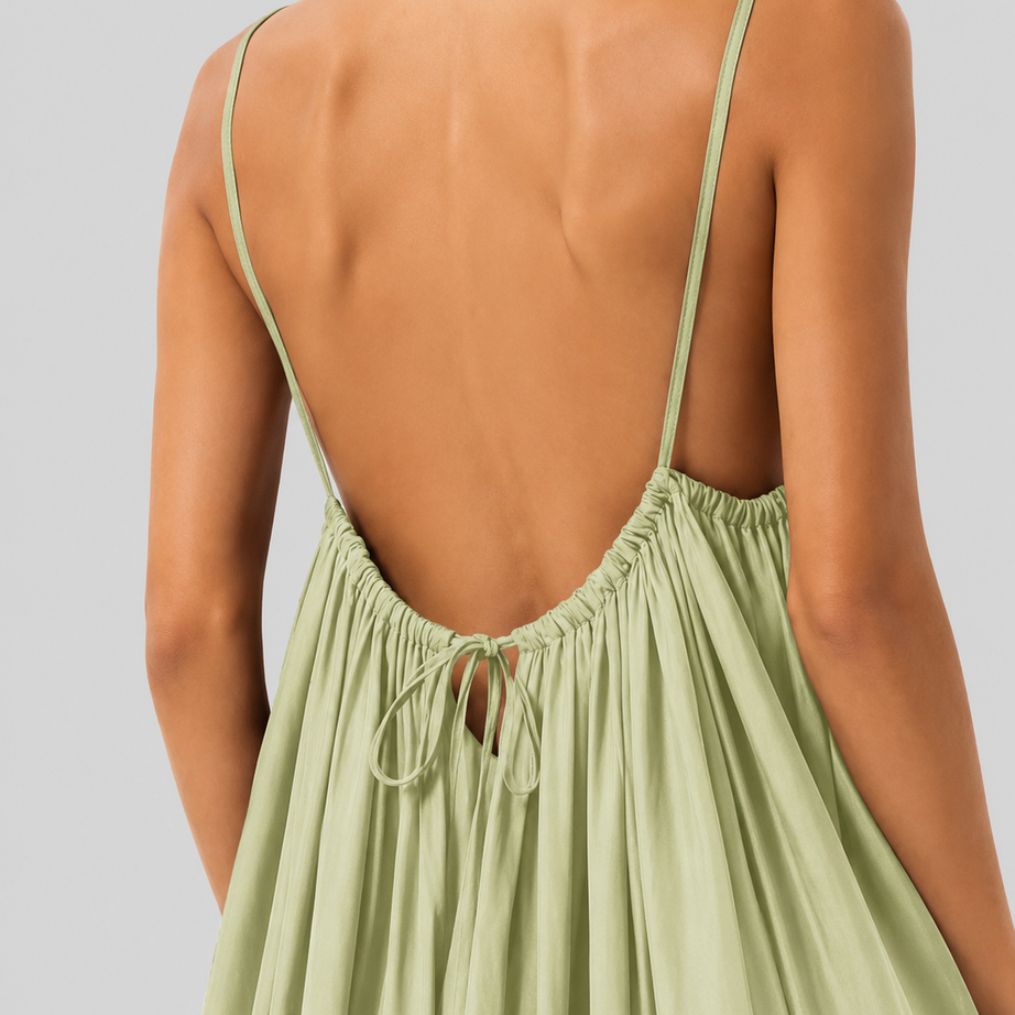 Pistachio Backless Cami Gathered Maxi Dress with Back Flow