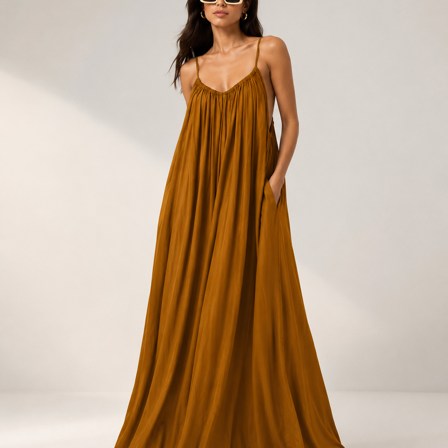 Mustard Backless Cami Gathered Maxi Dress with Back Flow