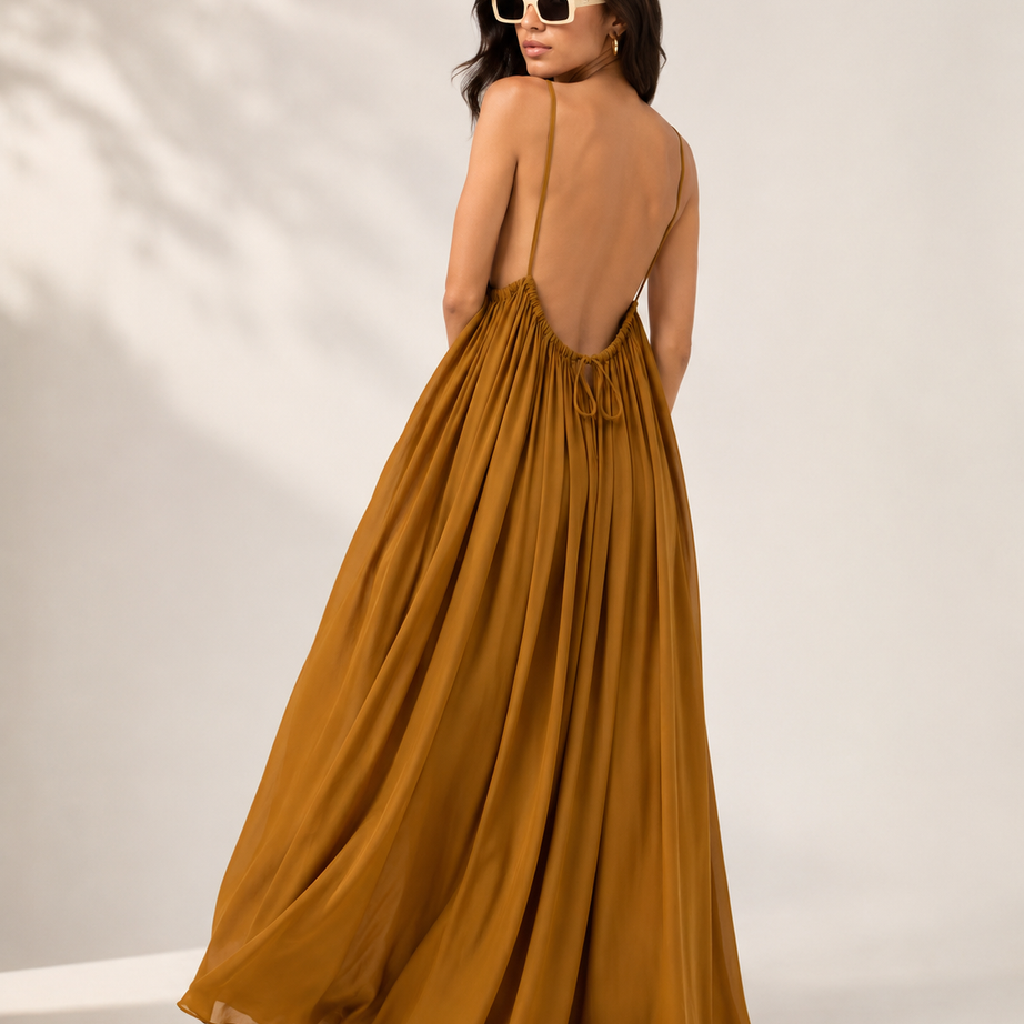 Mustard Backless Cami Gathered Maxi Dress with Back Flow