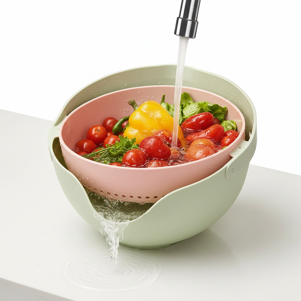 Double Layer Fruit Vegetable Washing Bowl Household Kitchen Sink Rotatable Drainer for Home and Kitchen