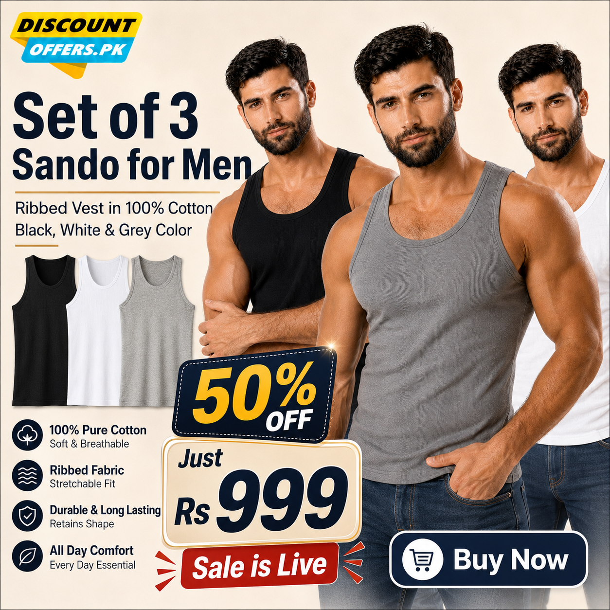 Pack of 3 Men’s Cotton Ribbed Sando Vests