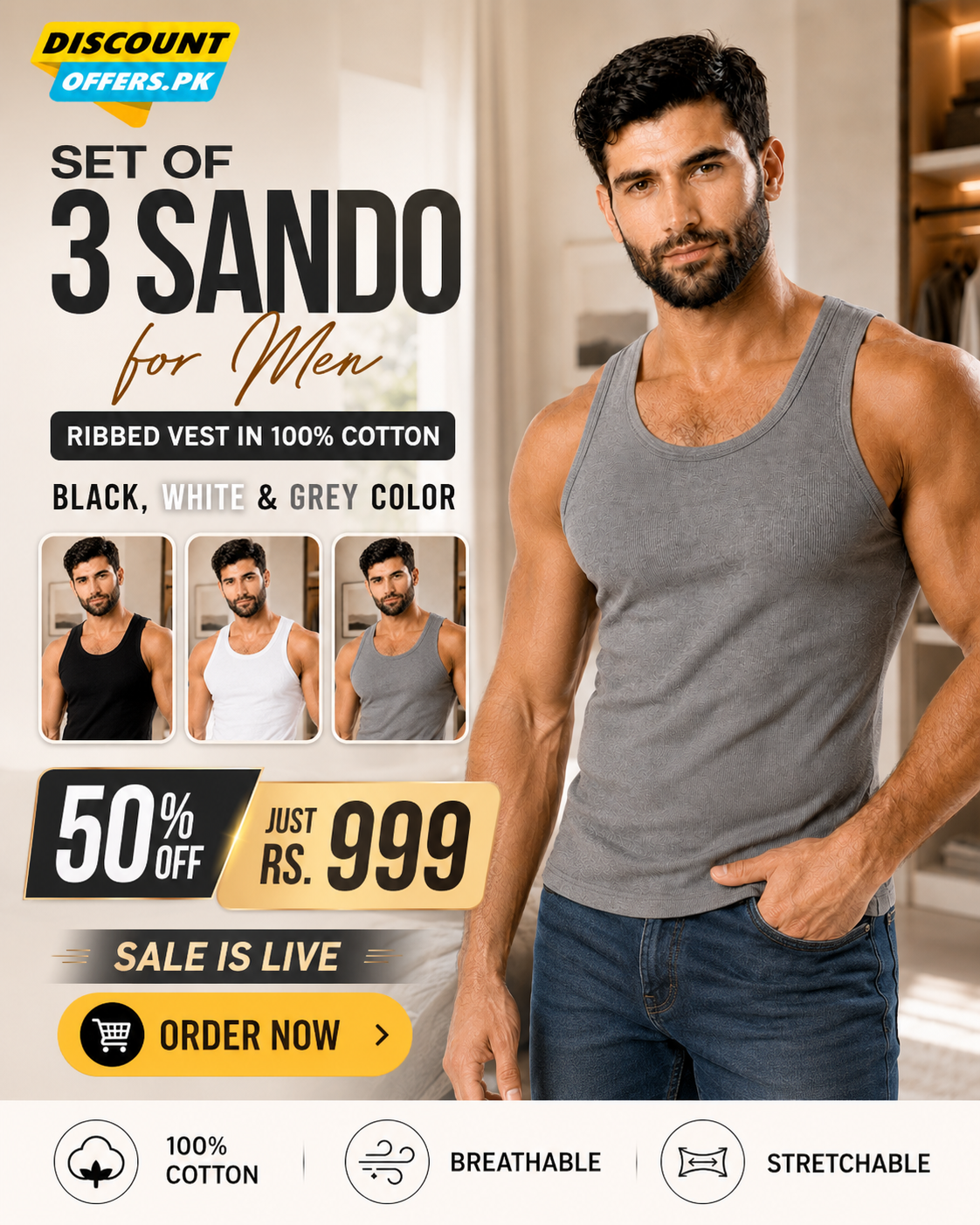Pack of 3 Men’s Cotton Ribbed Sando Vests