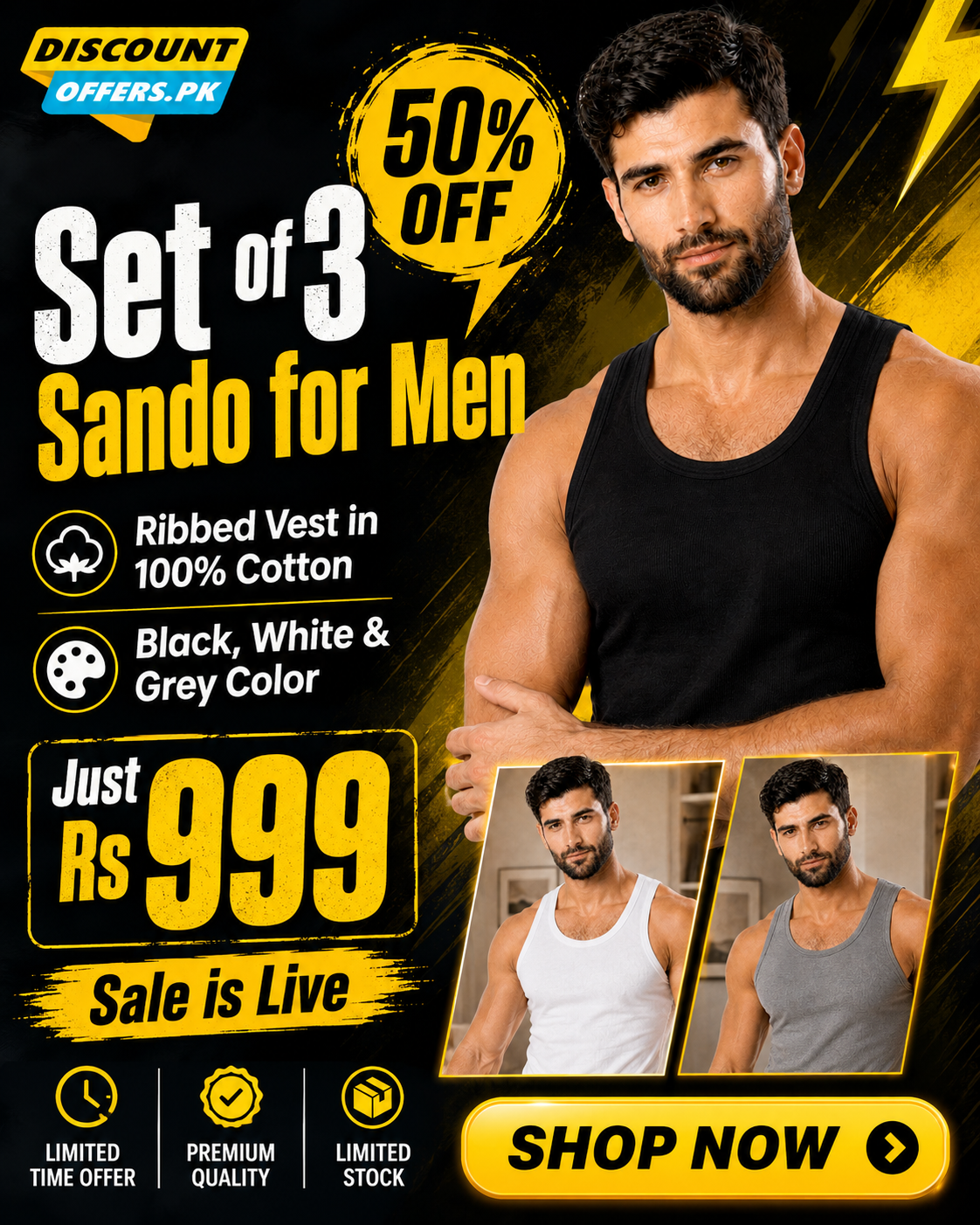 Pack of 3 Men’s Cotton Ribbed Sando Vests