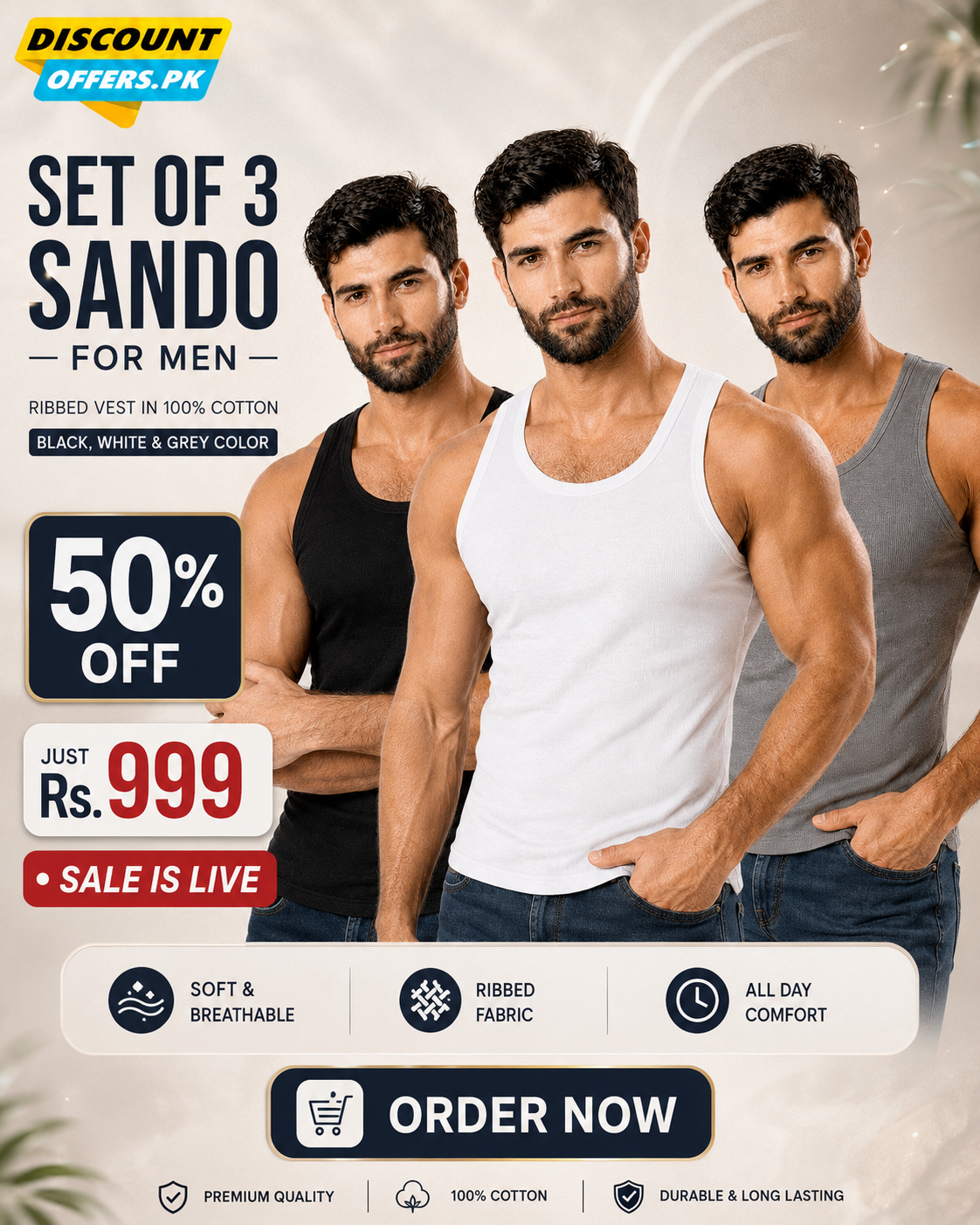 Pack of 3 Men’s Cotton Ribbed Sando Vests