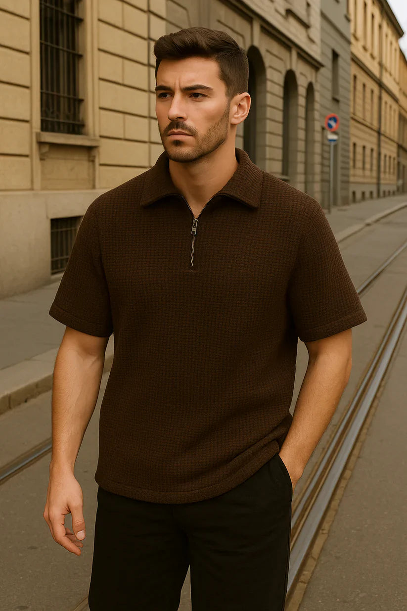 Waffle Knitted Zipper Polo – BROWN