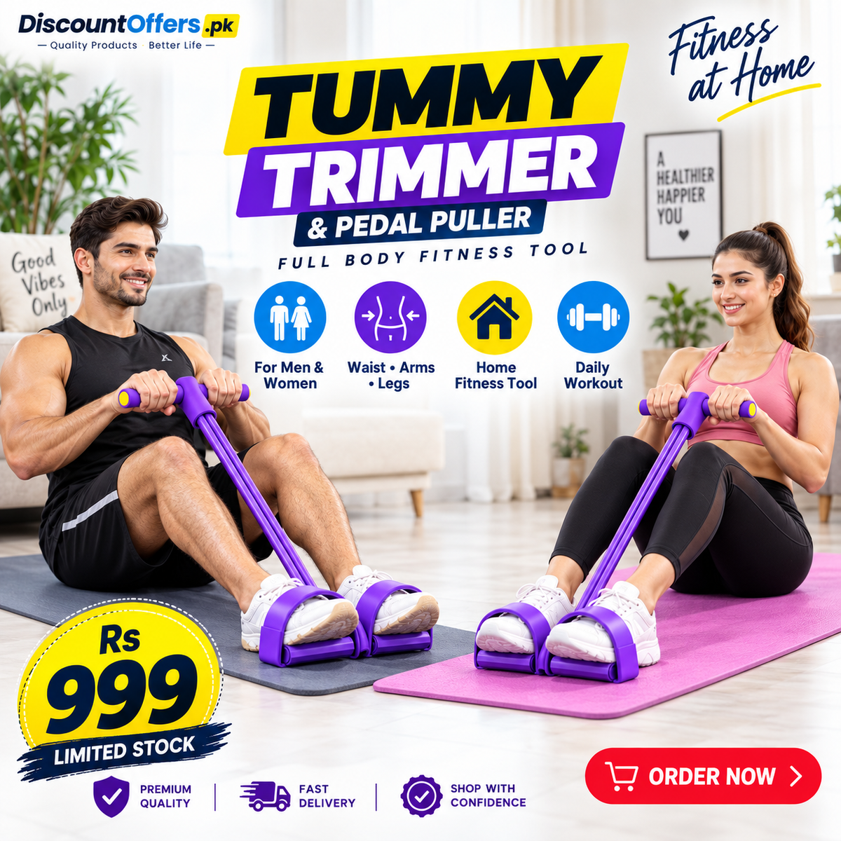4 Tube Heavy Duty Tummy Trimmer & Pedal Puller Fitness Exercise tool