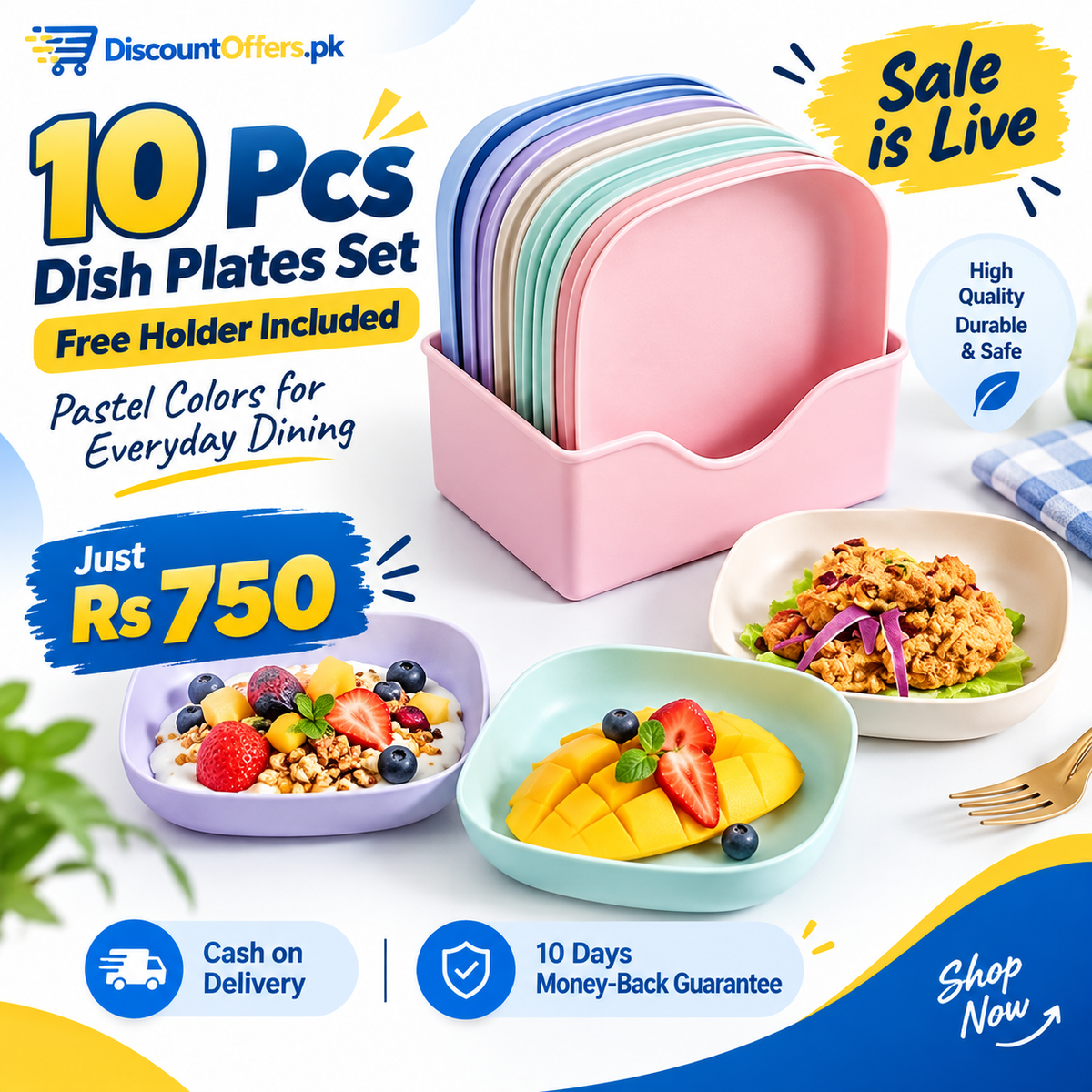 10pcs Plastic Reusable Food Plates Set with Free Stand Ideal for Snacks and Breakfast