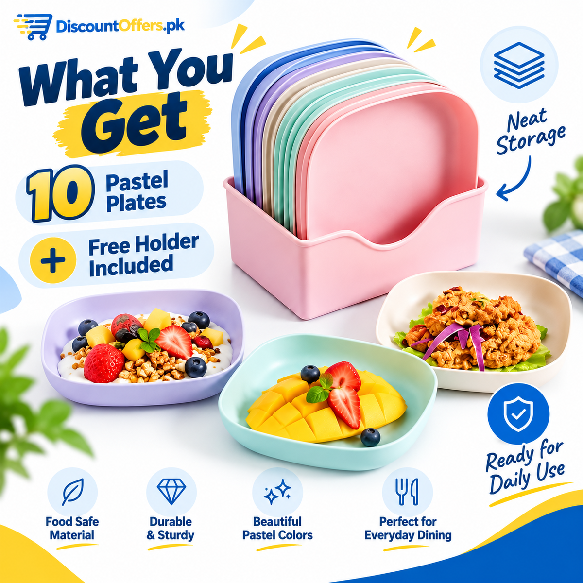 10pcs Plastic Reusable Food Plates Set with Free Stand Ideal for Snacks and Breakfast
