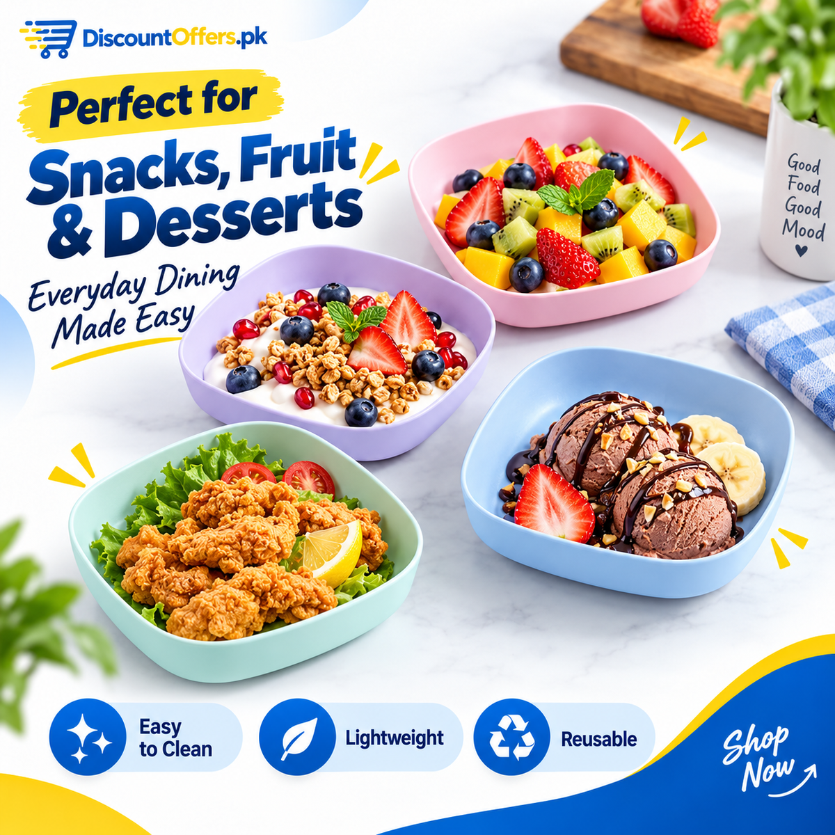 10pcs Plastic Reusable Food Plates Set with Free Stand Ideal for Snacks and Breakfast
