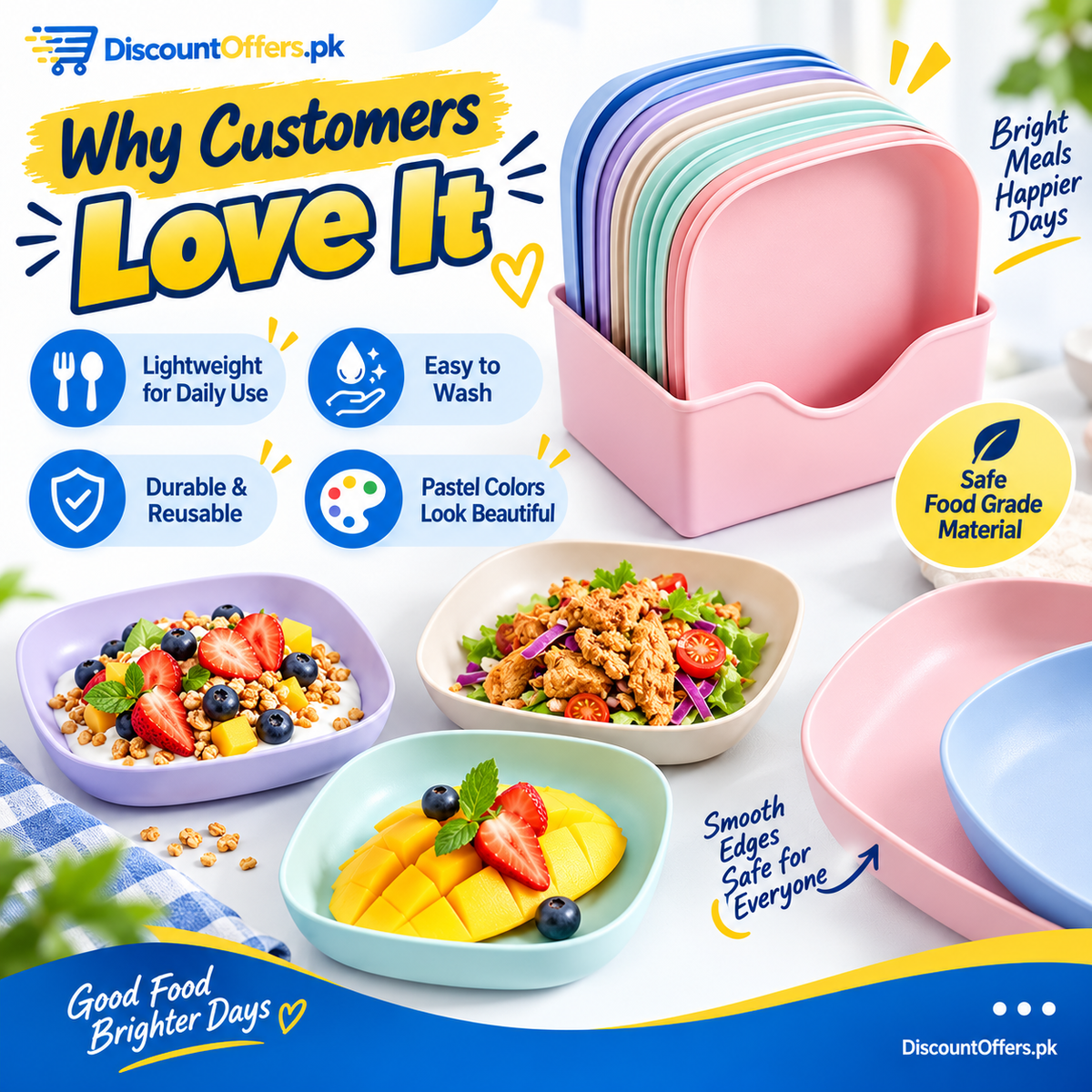 10pcs Plastic Reusable Food Plates Set with Free Stand Ideal for Snacks and Breakfast
