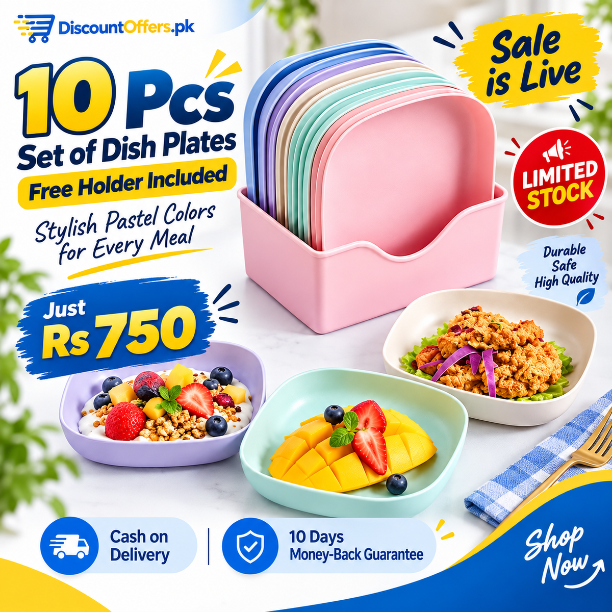 10pcs Plastic Reusable Food Plates Set with Free Stand Ideal for Snacks and Breakfast
