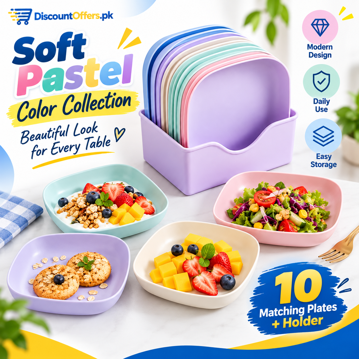 10pcs Plastic Reusable Food Plates Set with Free Stand Ideal for Snacks and Breakfast