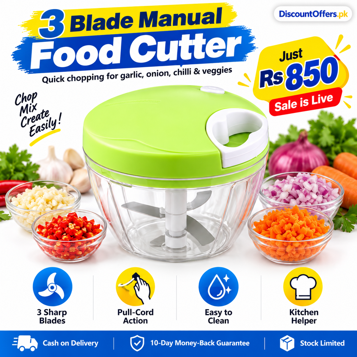 3 Blade Multi-Functional Manual Food & Spin Cutter