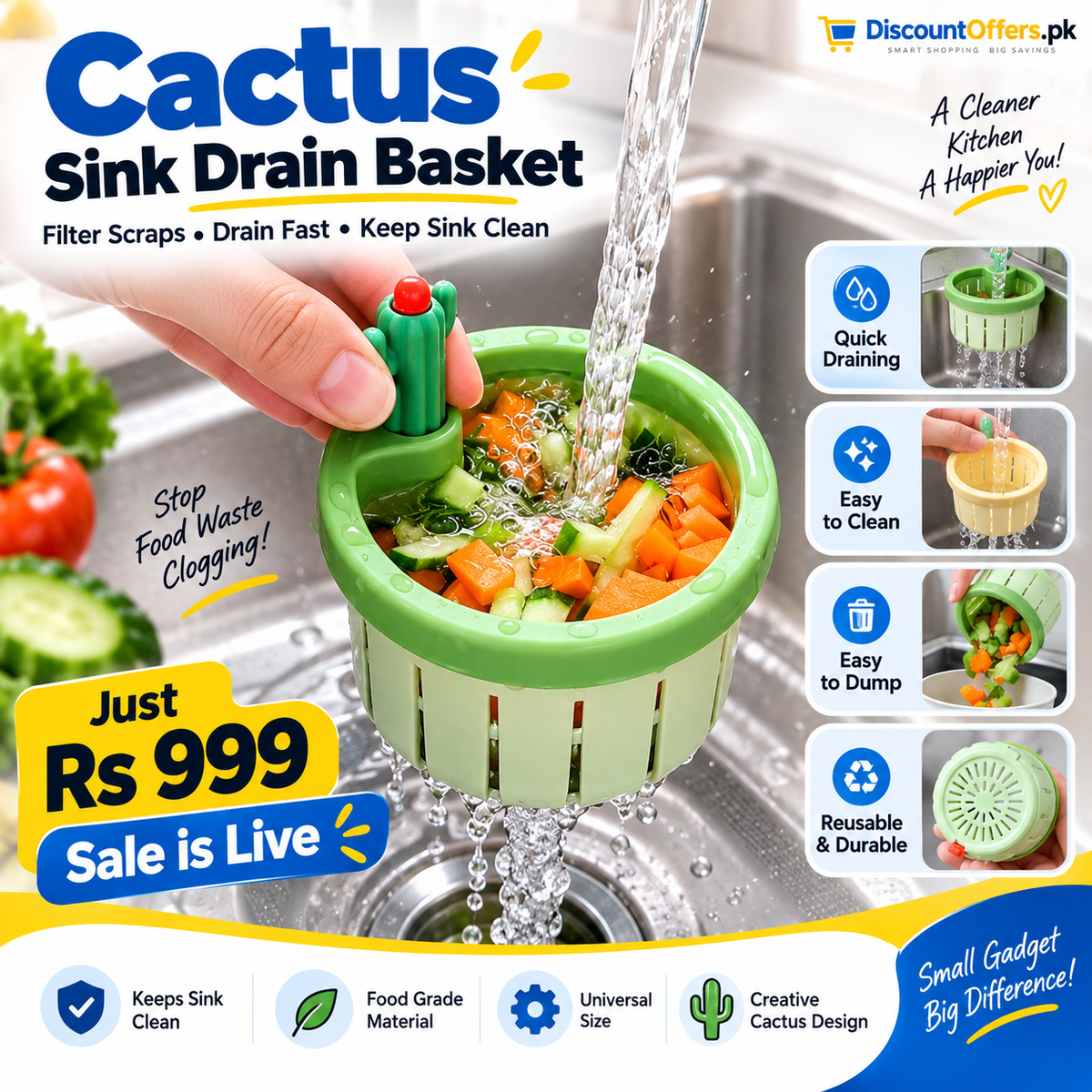 Pack of 2 Creative Cactus Sink Filter Basket | Kitchen Drain Food Waste Strainer