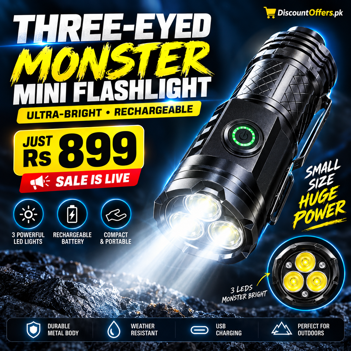Three-Eyed Monster Ultra-Bright Mini Flashlight Rechargeable Torch