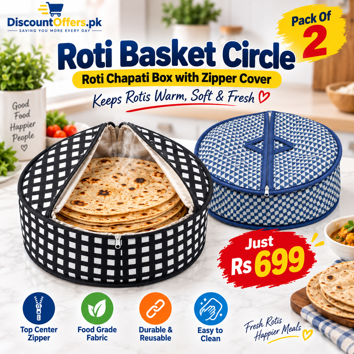 Pack Of 2 - Roti Basket Circle – Roti Chapati Box with Zipper Cover