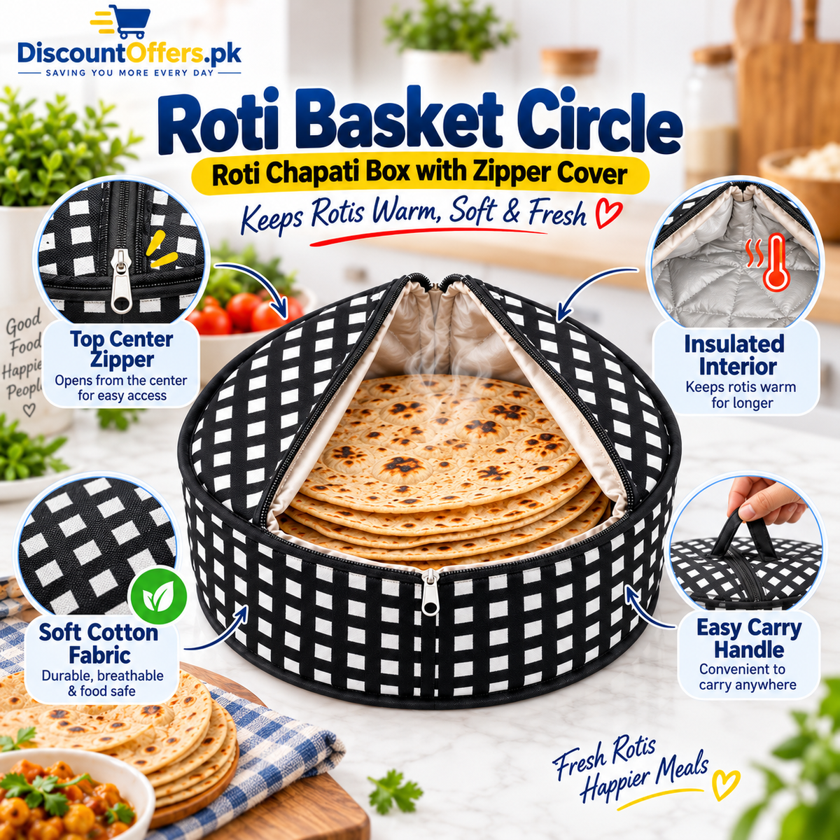 Pack Of 2 - Roti Basket Circle – Roti Chapati Box with Zipper Cover