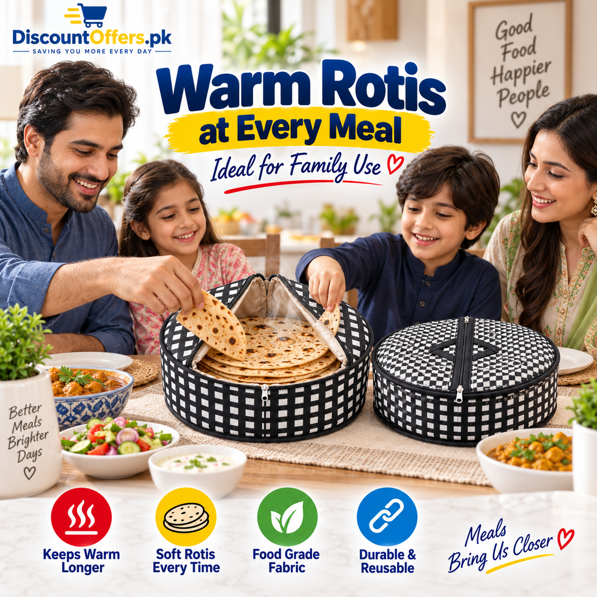 Pack Of 2 - Roti Basket Circle – Roti Chapati Box with Zipper Cover