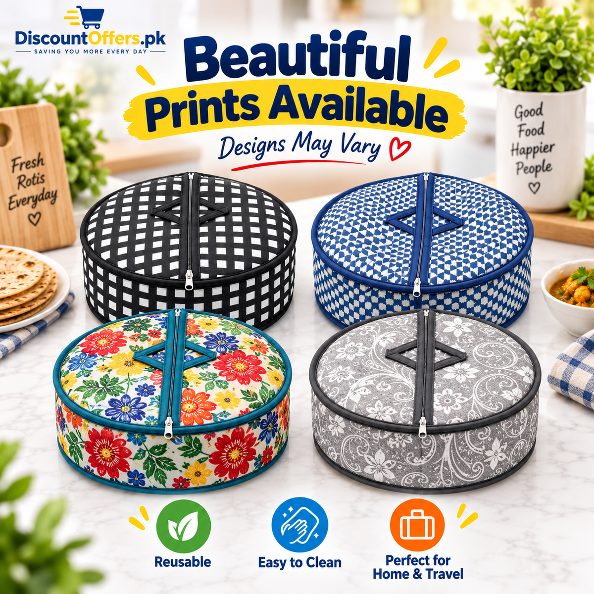 Pack Of 2 - Roti Basket Circle – Roti Chapati Box with Zipper Cover