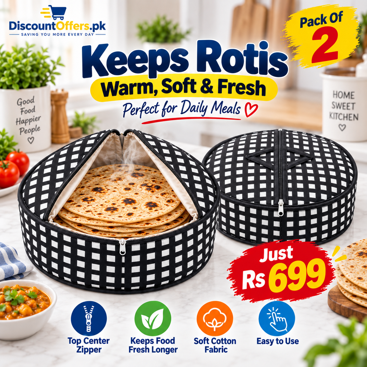 Pack Of 2 - Roti Basket Circle – Roti Chapati Box with Zipper Cover