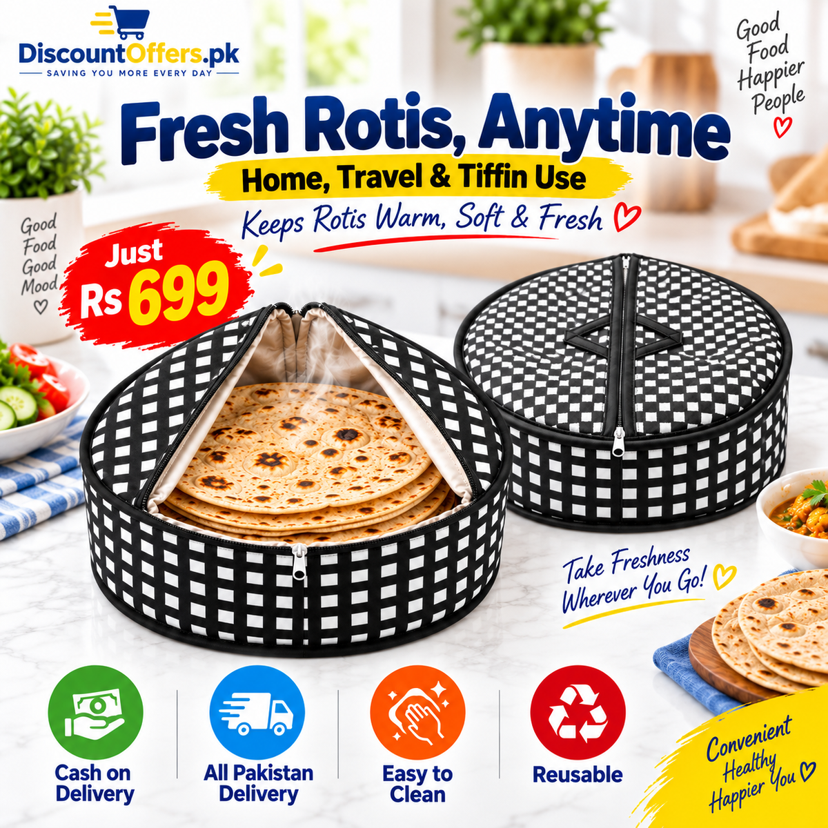 Pack Of 2 - Roti Basket Circle – Roti Chapati Box with Zipper Cover