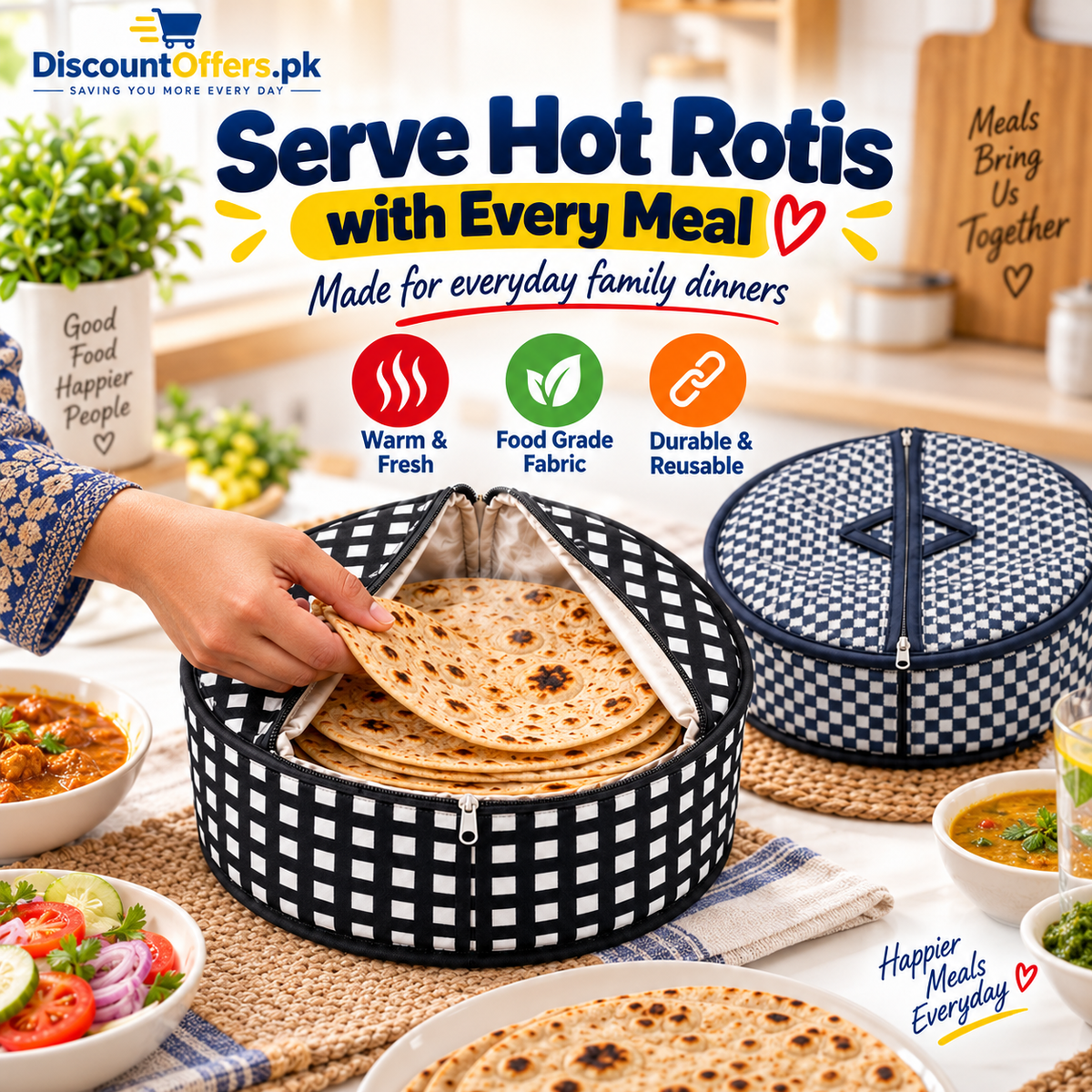 Pack Of 2 - Roti Basket Circle – Roti Chapati Box with Zipper Cover