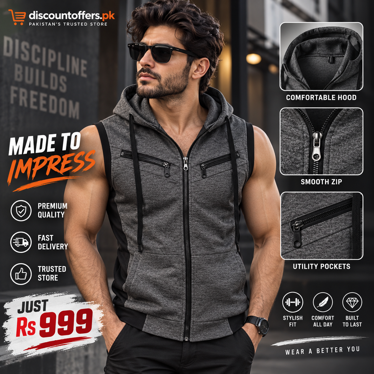 Sleeveless Zipper Hoodie in Charcoal in Just Rs 999