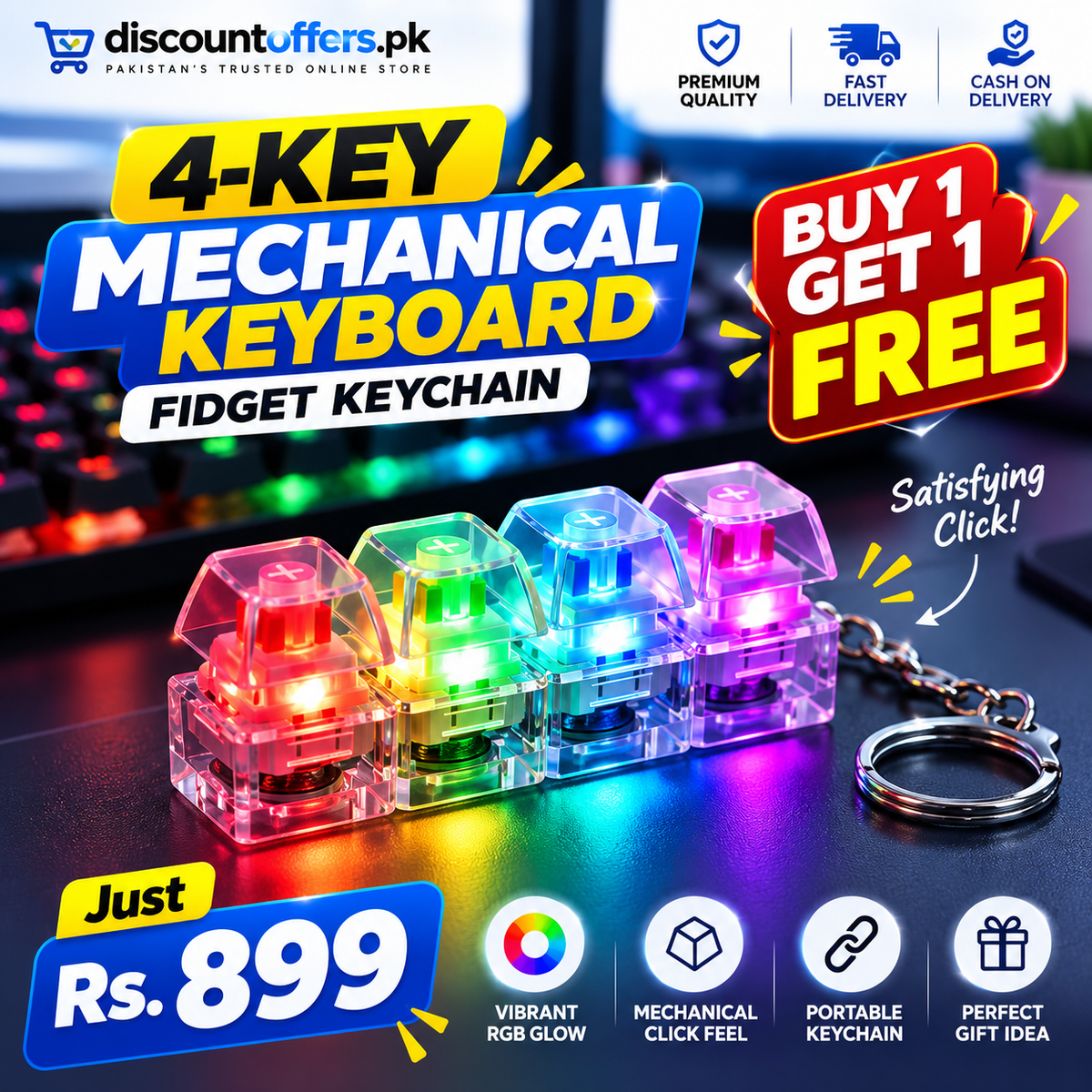 Buy 1 Get 1 FREE 4 Key Mechanical Keyboard Fidget Keychain