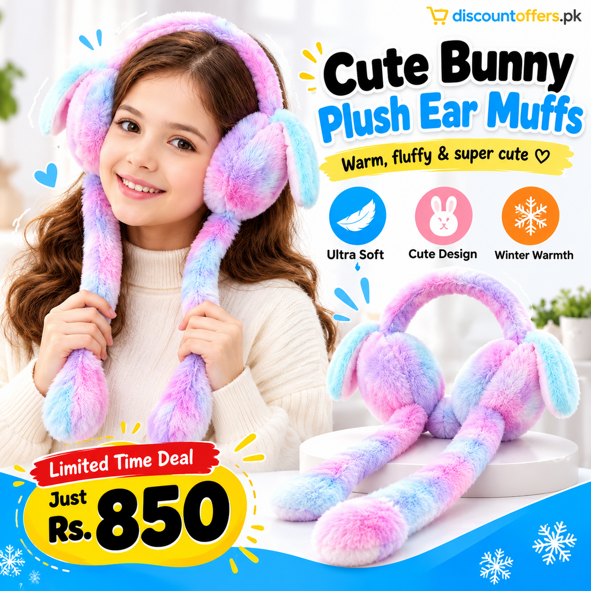 Cute Bunny Plush Ear Muffs Warm & Fluffy Rabbit Ear Covers