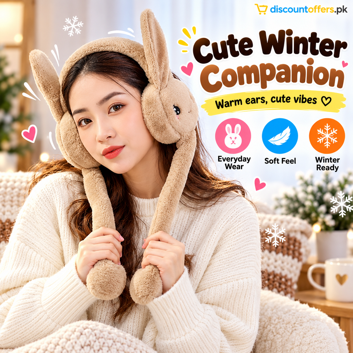Cute Bunny Plush Ear Muffs Warm & Fluffy Rabbit Ear Covers