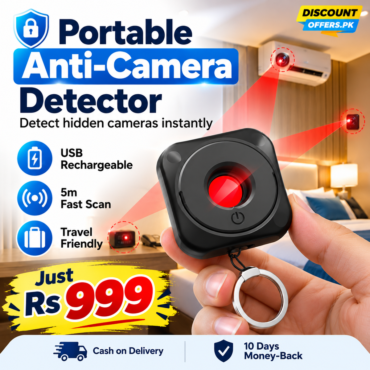 Portable Anti Camera Detector USB Rechargeable Privacy Protection Device Hidden Camera Finder for Hotels & Travel