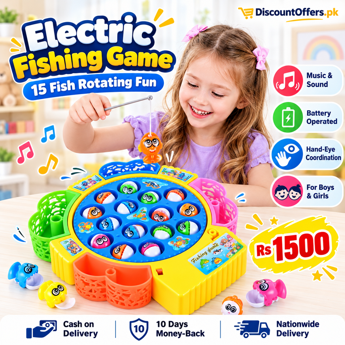 Electric Musical Fishing Toy Game 15 Fish Rotating Set for Kids