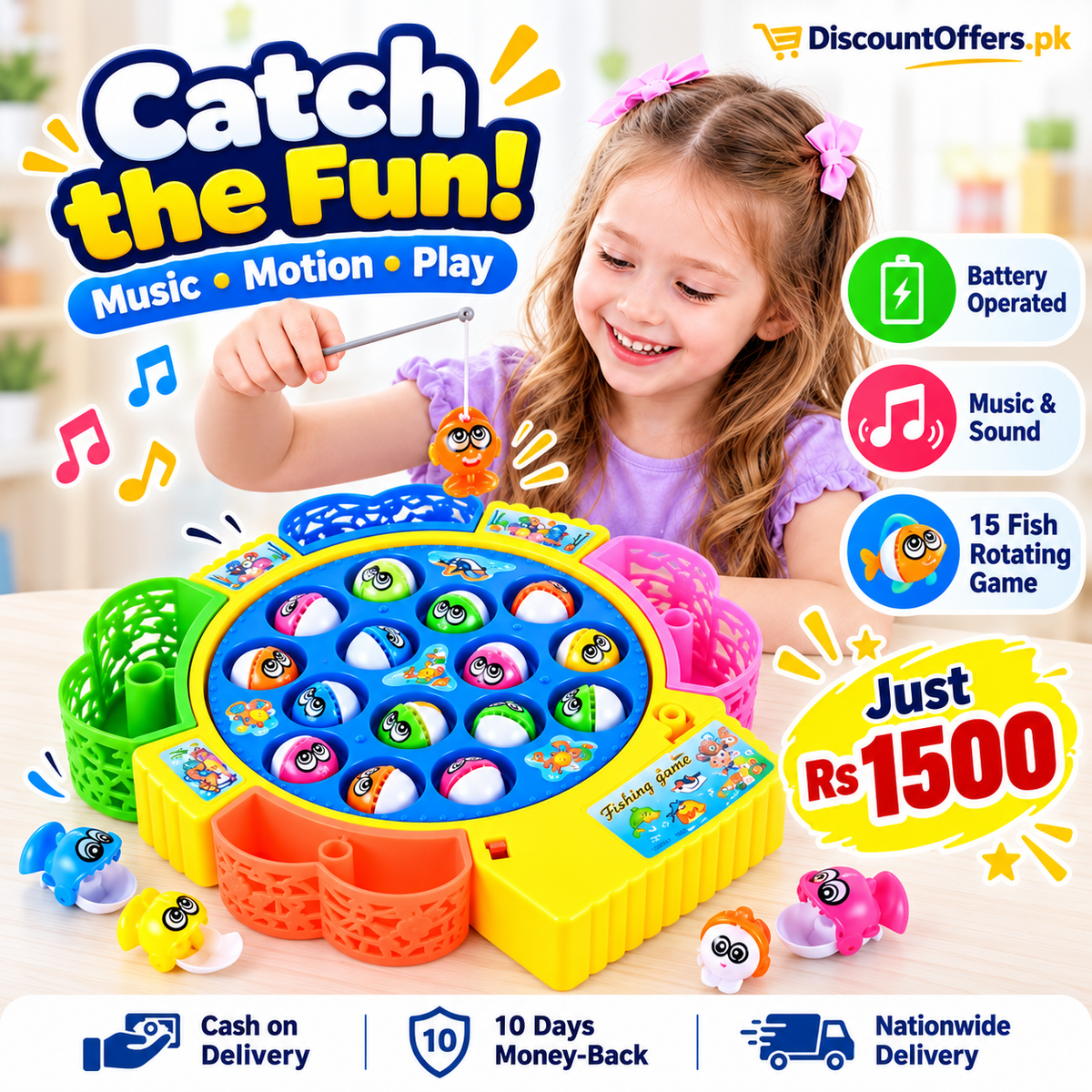Electric Musical Fishing Toy Game 15 Fish Rotating Set for Kids