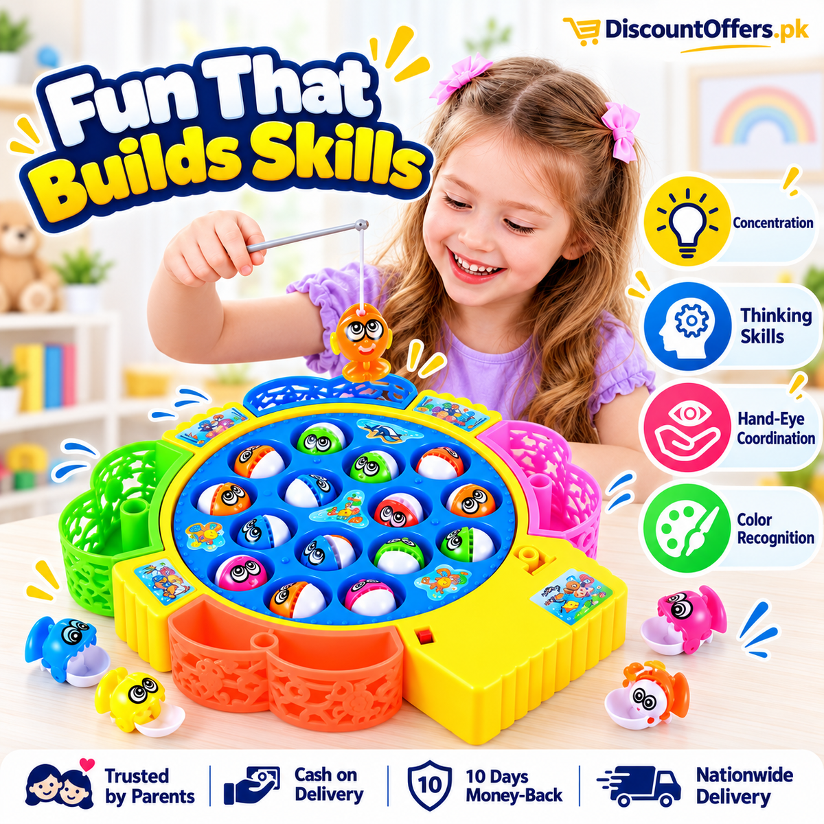 Electric Musical Fishing Toy Game 15 Fish Rotating Set for Kids