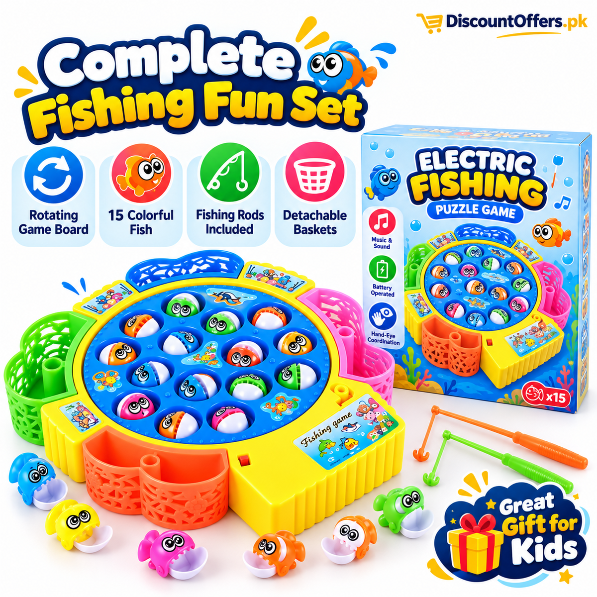 Electric Musical Fishing Toy Game 15 Fish Rotating Set for Kids