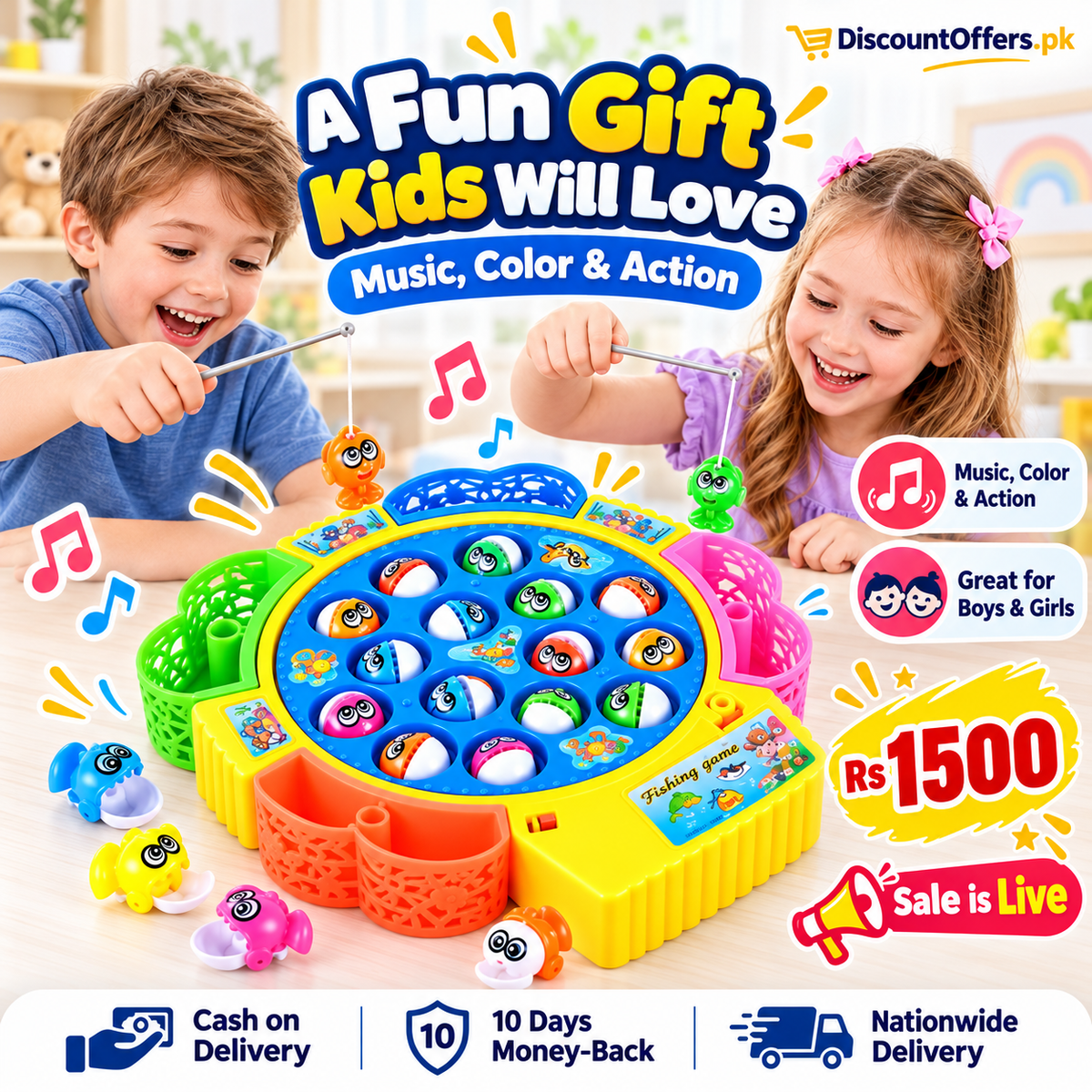 Electric Musical Fishing Toy Game 15 Fish Rotating Set for Kids