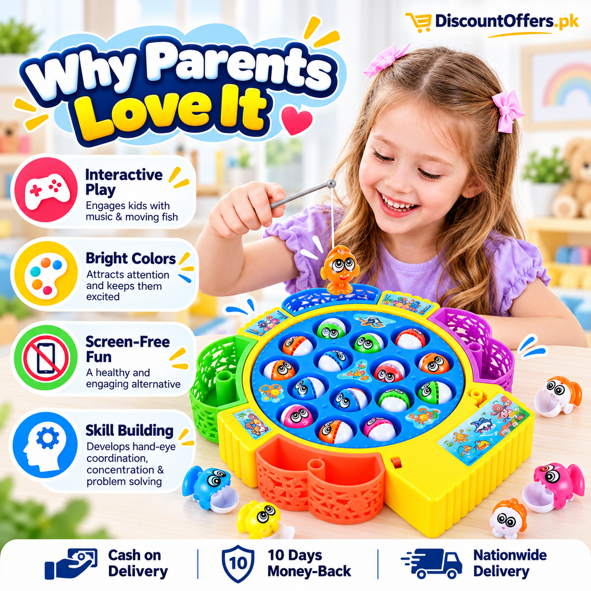 Electric Musical Fishing Toy Game 15 Fish Rotating Set for Kids
