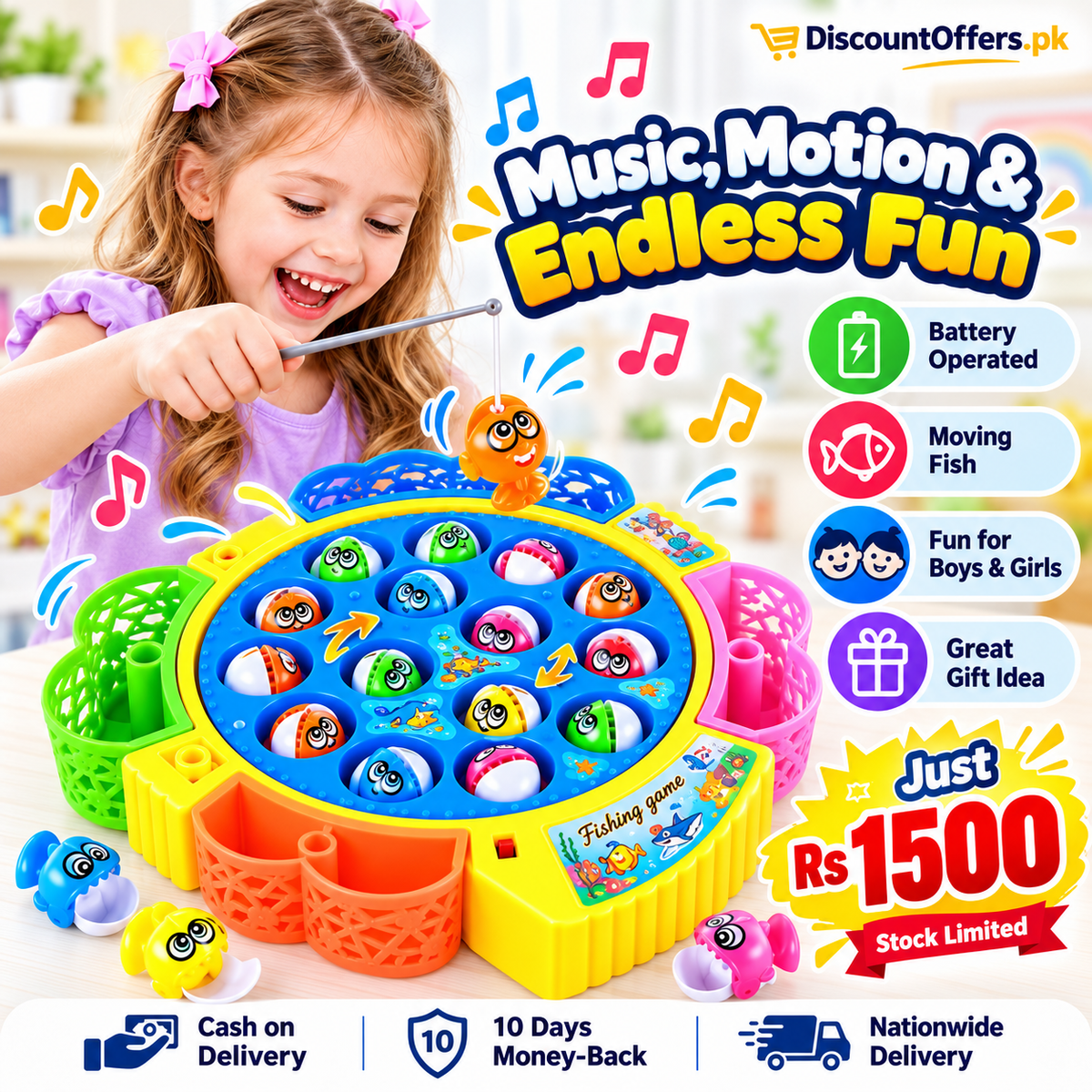 Electric Musical Fishing Toy Game 15 Fish Rotating Set for Kids