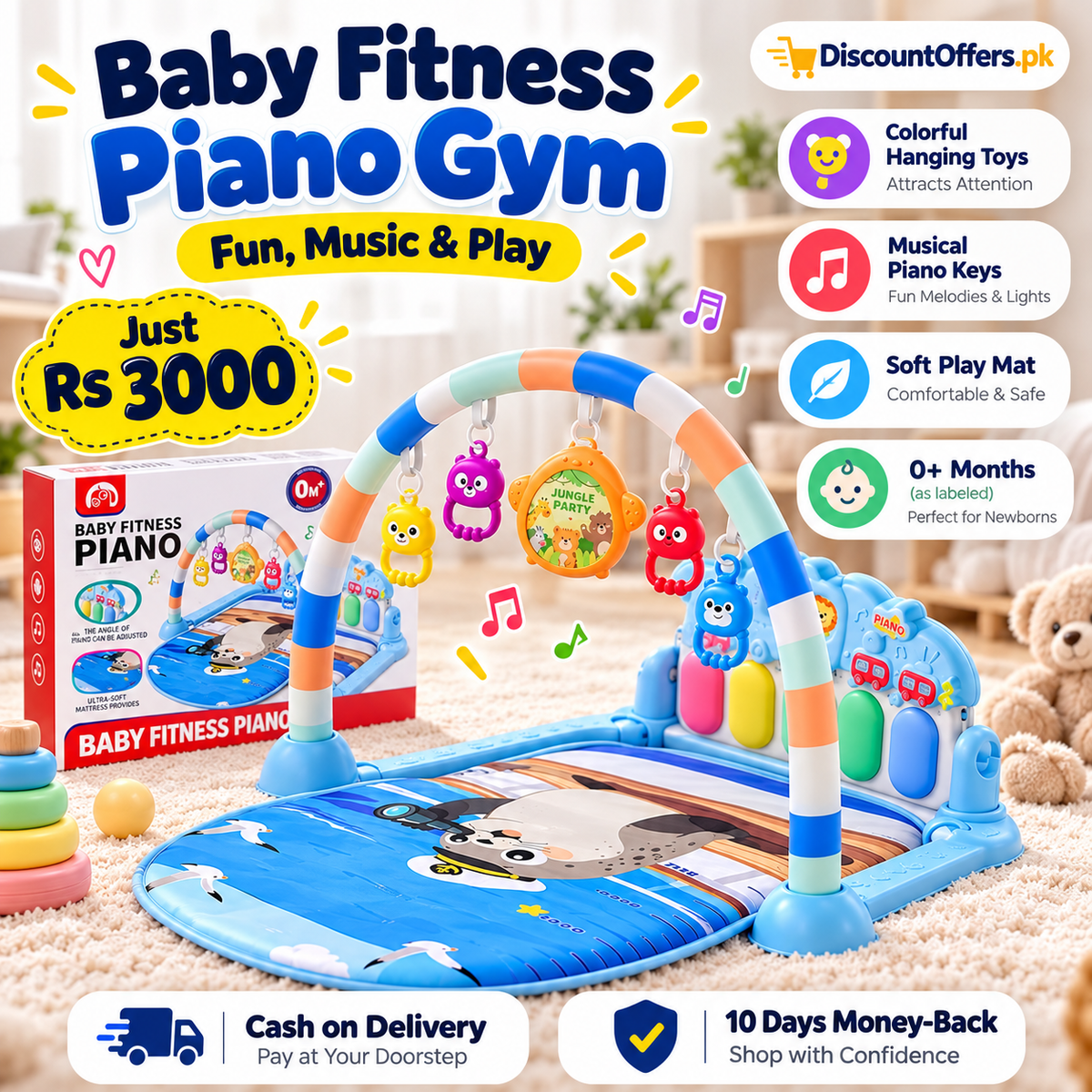 Baby Fitness Piano Gym Musical Play Mat with Hanging Toys