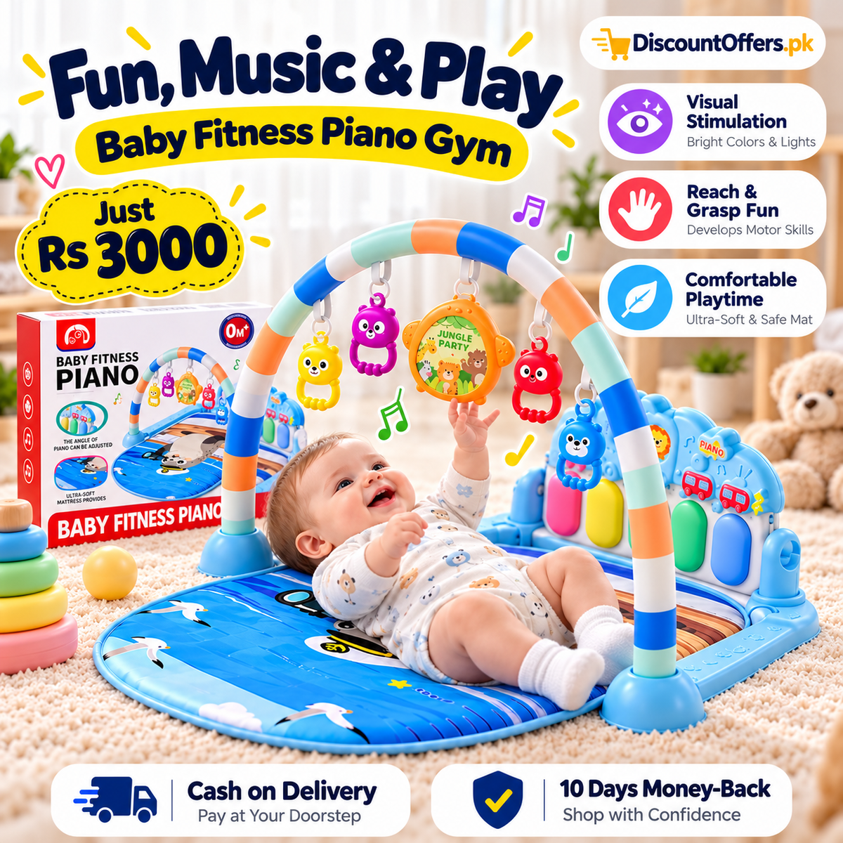 Baby Fitness Piano Gym Musical Play Mat with Hanging Toys