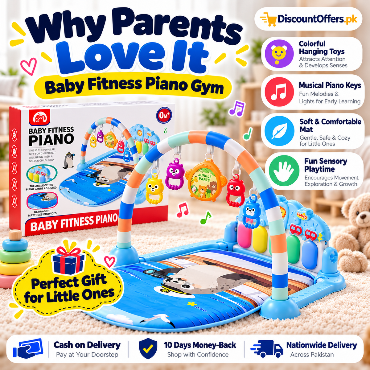 Baby Fitness Piano Gym Musical Play Mat with Hanging Toys
