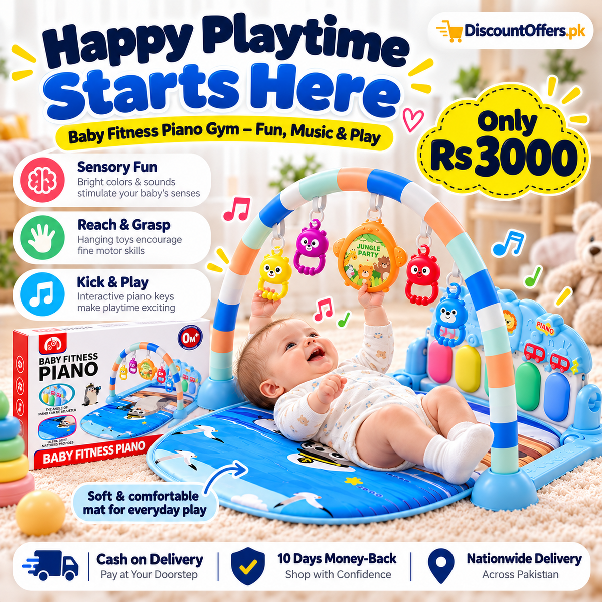 Baby Fitness Piano Gym Musical Play Mat with Hanging Toys