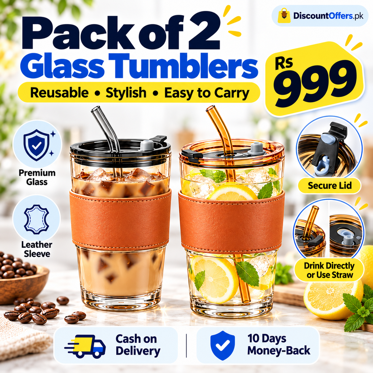 Pack of 2 Glass Tumblers with Straw Lid and Leather Sleeve